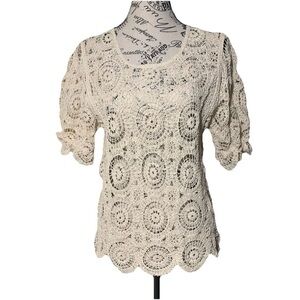Solitaire Open Crochet Sweater Top Puff Sleeve Cottagecore Women’s Size Medium